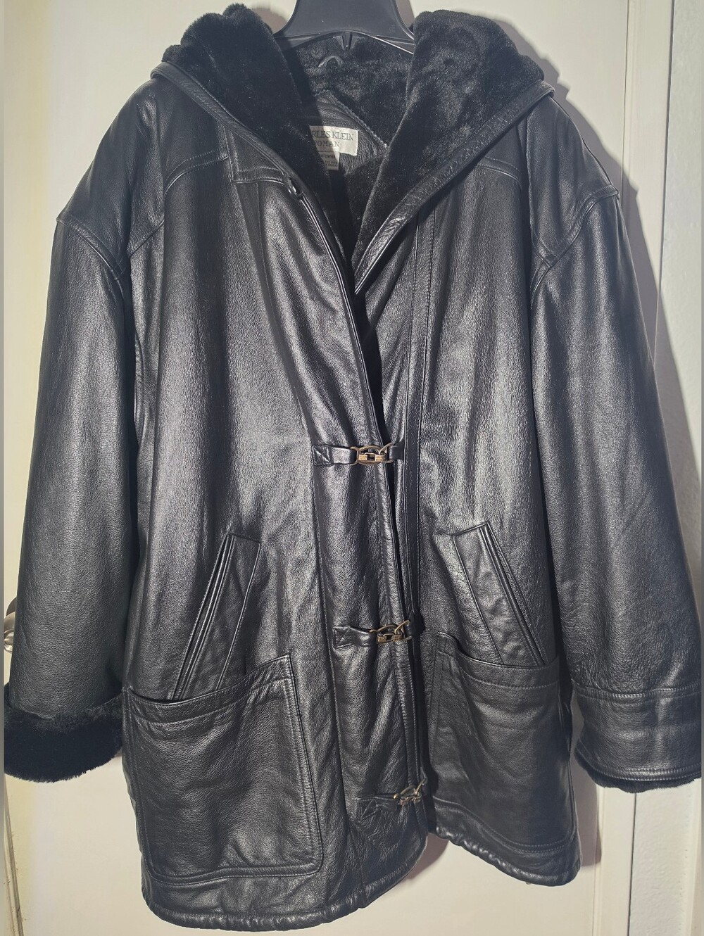 Black Faux-Shearling Hooded Leather Jacket — Classic Warmth